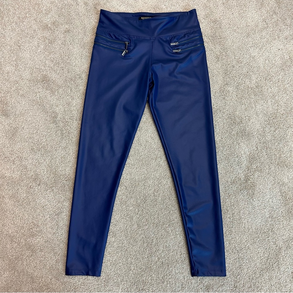 Revamped Royal cobalt blue faux leather high-rise stretchy legging zipper detail